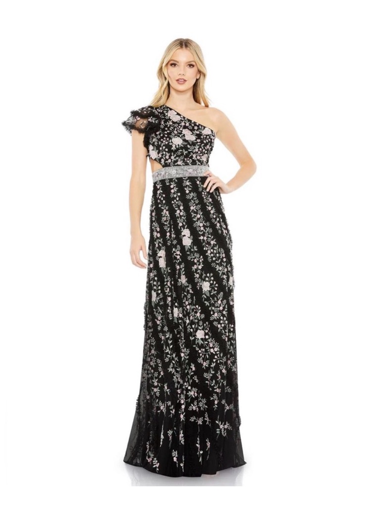 Mac Duggal Black One-Shoulder Floral Embroidered Dress With Pink Accents W4